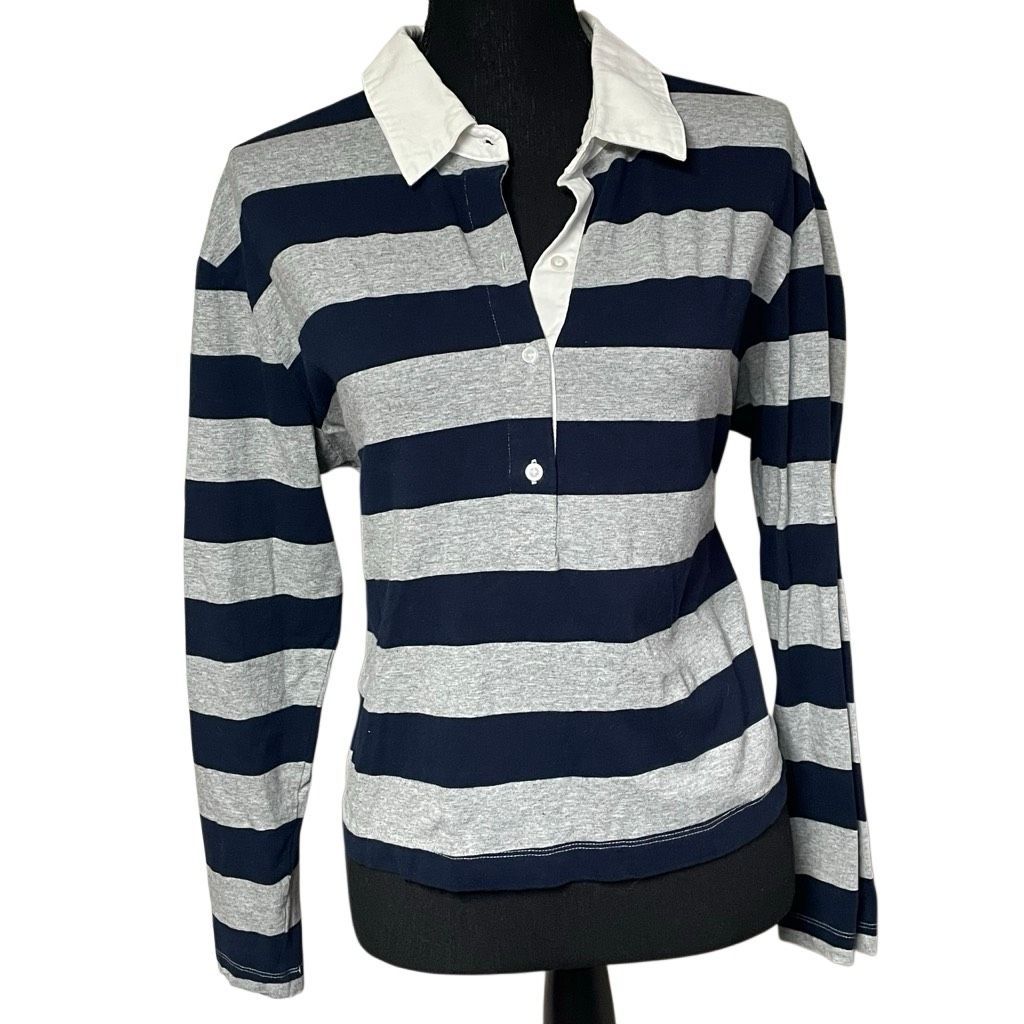 Evereve Striped Navy And Gray Long Sleeve Polo Tee